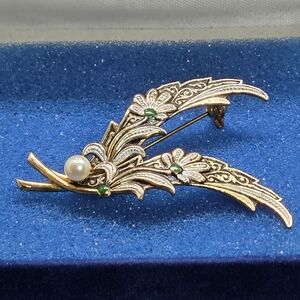 Damascene Flower Brooch with Pearl Accent